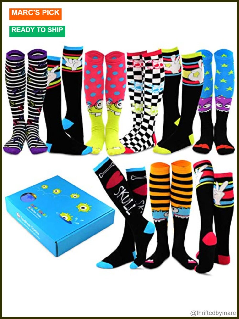 TeeHee Novelty Knee High Socks Gift Box 9 Pair Women Cotton Blend